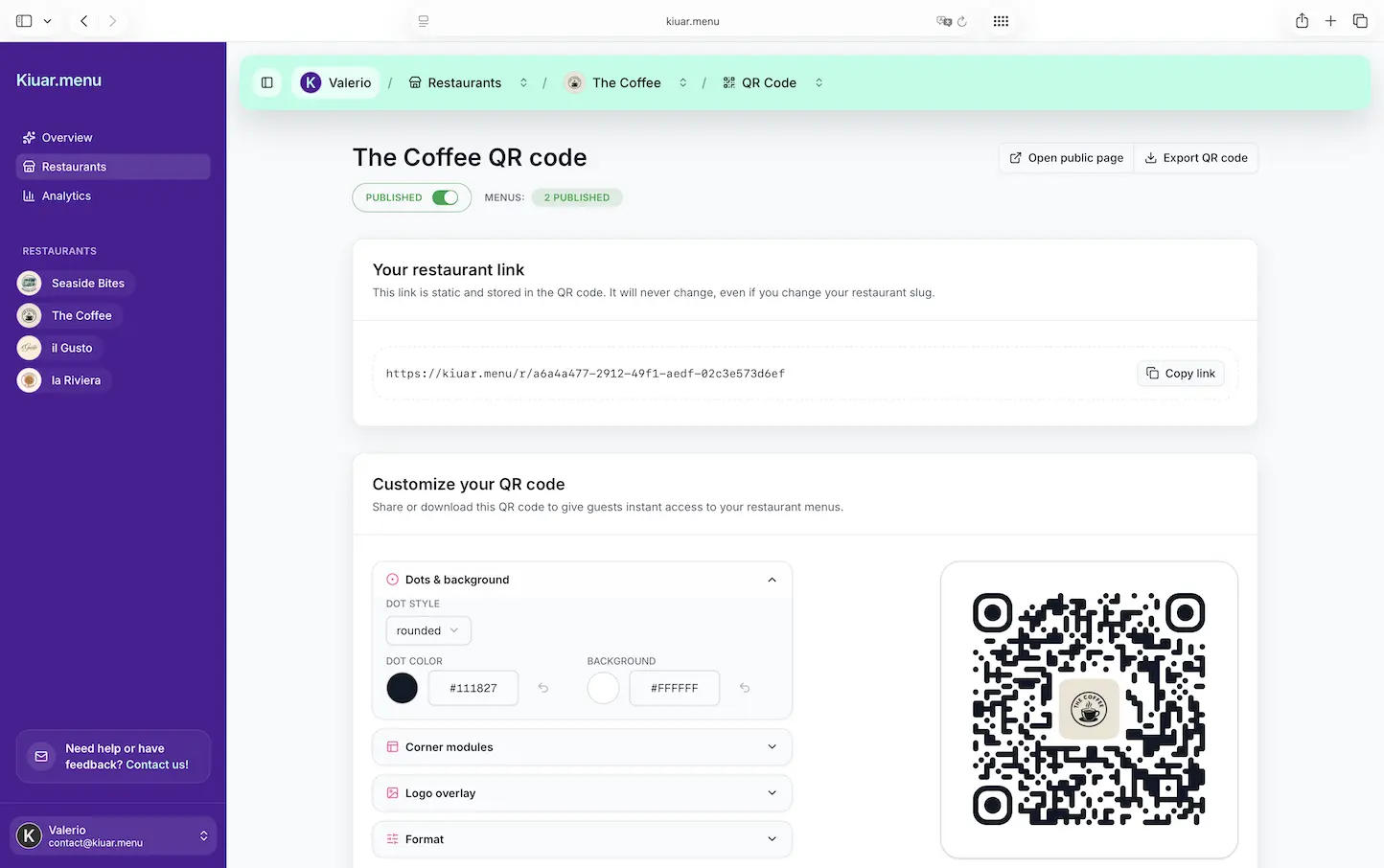 Kiuar.menu — QR code generator